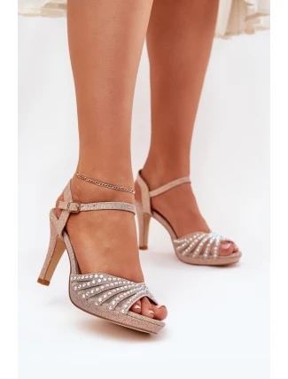 Sandály Na Podpatku Se Zdobením A Růžovým Prachem D&A MR1038-33 Šampaňské