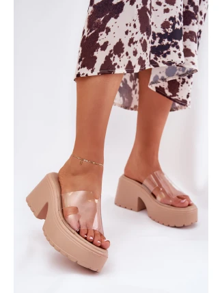 Průhledné Dámské Pantofle Na Platformě A Masivním Podpatku Béžové Rizana