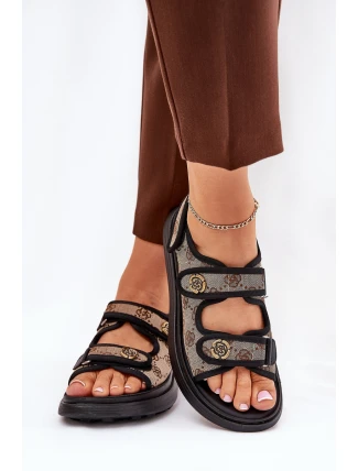 Dámské Vzorované Textilní Sandály Se Zlatými Detaily Béžovo-Černé Pefese