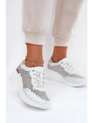 Kožené Ažurové Sportovní Boty Sneakers Na Klínu Bílé S.Barski LR51-641