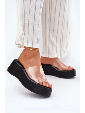 Dámské pantofle s průhledným páskem na klínu černé Meltiana