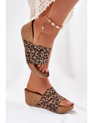 Zazoo 40289 Kožené Dámské Pantofle Na Korkovém Podpatku Leopardí