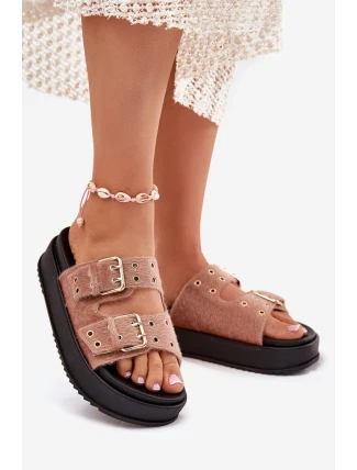 Dámské Pantofle Se Zlatými Přezkami Na Platformě Béžové Virvania