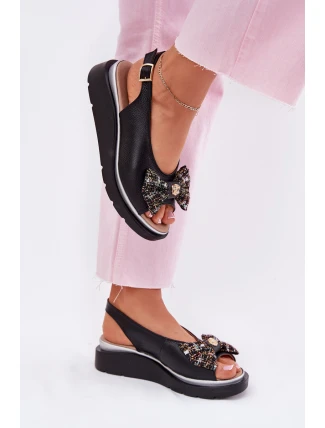 Dámské kožené sandály na klínu s mašlí Zazoo 1882 černé