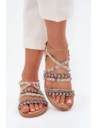 Dámské Sandály Se Zdobením A Pletenými Pásky Béžové Delyra