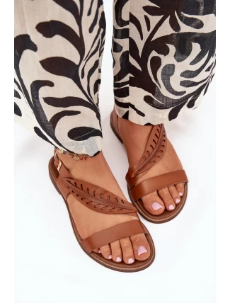 Dámské sandály z přírodní kůže na plochém podpatku Zazoo 3564 Camel