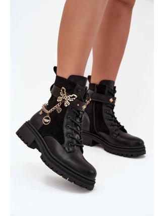 Dámské Pracovní Boty Zateplené Se Zlatým Řetězem A Přívěsky Černé Vessara