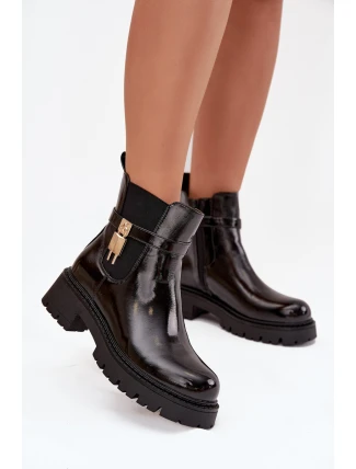Lakované kotníkové boty s vyhříváním se zlatým detailem černé Talyra Lakované kotníkové boty s vyhříváním se zlatým detailem černé Talyra