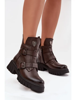 Kožené zateplené dámské boty s přezkami a ozdobným detailem Zazoo 60482 čokoládové