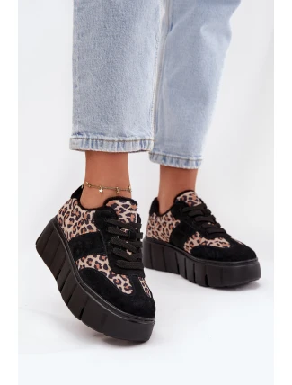 Semišové zateplené dámské tenisky na masivní platformě Vinceza 66841 Panterka Černé