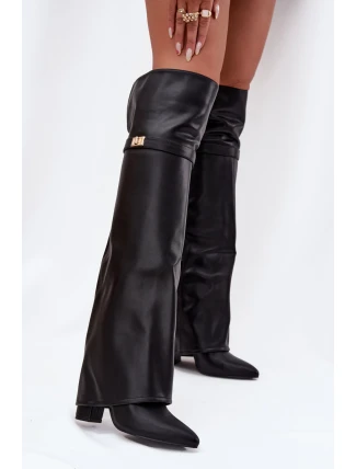 Zateplené kozačky s vytočenou holínkou za koleno podpatek sloupek černé Serelle
