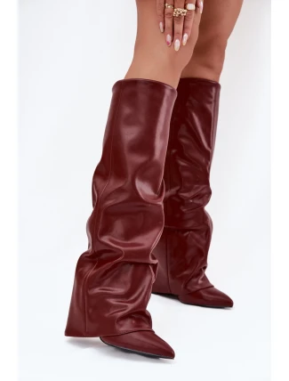 Zateplené dámské kozačky s vytočeným horním lemem na podpatku bordó Elivira