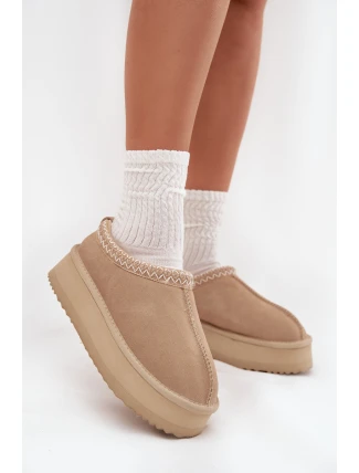 Nízké semišové zimní boty dámské s výšivkou na platformě Vinceza 97960 béžové