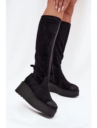 Dámské Kozáky Před Kolena Na Platformě A Klínu Černé Vinceza 58342