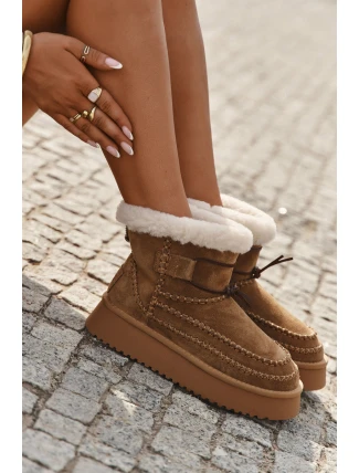 Semišové dámské zimní boty s ozdobnými prošitími Big Star SS274373 Camel