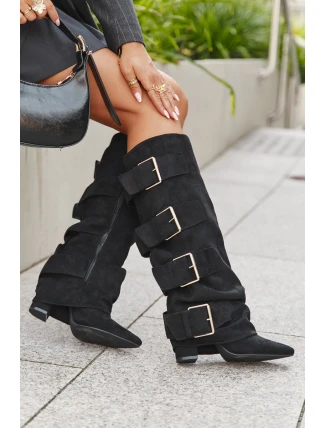 Dámské kozačky na podpatku s obráceným lemem a zlatými přezkami ekologický semiš černé Isavelle