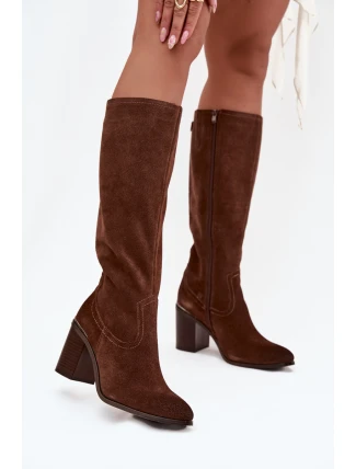 Dámské kozačky z přírodního semiše s vyhřátým podpatkem sloup Sergio Leone KZ25668-S hnědé Dámské kozačky z přírodního semiše s vyhřátým podpatkem sloup Sergio Leone KZ25668-S hnědé