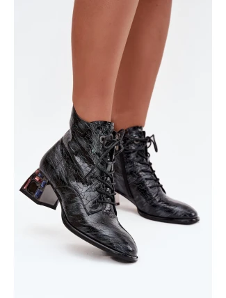 Lakované dámské kotníky z pravé kůže na podpatku s krystaly Artiker 57C0132 šedé