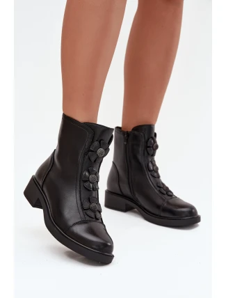 Kožené dámské kotníkové boty s ozdobnými květinami vyhřívané černé Belverine