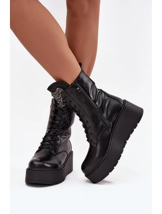 Kožené dámské kotníčková obuv s ozdobou zateplené černé Ulrika