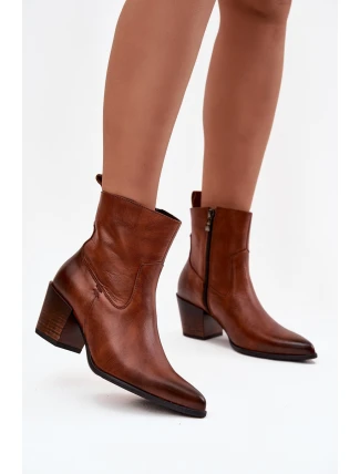 Kožené Kožené Kozačky Pro Ženy Na Podpatku Vyhřívané Zazoo 60565 Hnědé