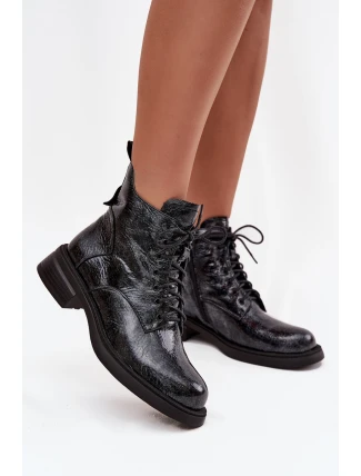 Lakované kožené dámské kotníkové boty na klínu D&A LZ52-954 tmavě modré