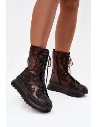 Kožené kotníkové boty na platformě s podšívkou Maciejka 06565-02 hnědozlaté