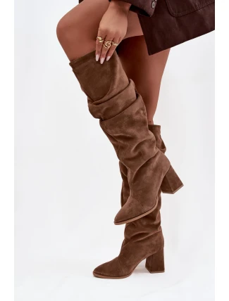 Vlnité kozačky z přírodního semiše na podpatku zateplené Zazoo 4228 světle hnědé