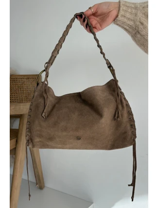 Kožená semišová kabelka s ozdobným šněrováním tmavě béžová Janelis Kožená semišová kabelka s ozdobným šněrováním tmavě béžová Janelis