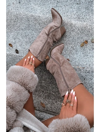 Oceplane cowboy kozačky na podpatku z eko semiše béžové Mavine Kozaki Damskie