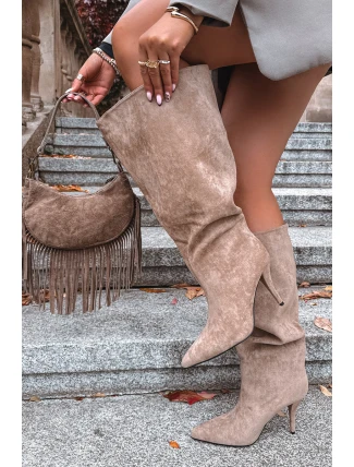 Nafukovací dámské kozačky na podpatku z eko semiše béžové Noretta