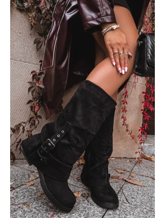 Ženské kozačky s našpulenou vrchní částí a přezkou Černé Ophelis