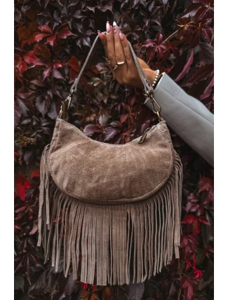 Kožená semišová kabelka s třásněmi tmavě béžová Aurelisse