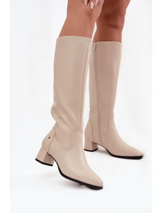 Kožené Zateplené Dámské Kozaky Na Podpatku Maciejka A7165-04 Béžové Kožené Zateplené Dámské Kozaky Na Podpatku Maciejka A7165-04 Béžové