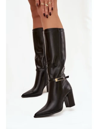 Dámské kozačky na podpatku s přezkou vyhřívané černé Cirella