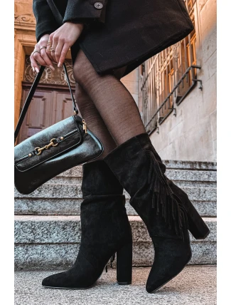 Darlina dámské boty na podpatku s třásněmi a mačkáním zateplené černé