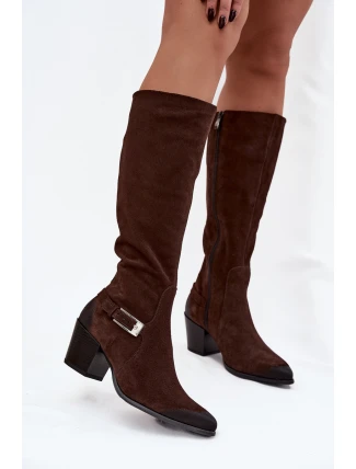 Kožené semišové kozačky na podpatku s přezkou Vyhřívané Zazoo 70156 Čokoládové