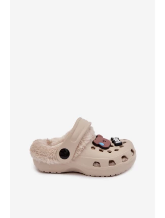 Pěnové dětské pantofle s vypolstrovaným kožíškem a přezkami Khaki Cerelle