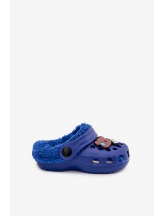 Penové Dětské Pantofle Vyhřívané S Kožešinou S Přezkami Tmavě Modré Cerelle