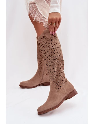 Dámské perforované vysoké kozačky na nízkém podpatku S.Barski HY61-8023 Béžové Dámské perforované vysoké kozačky na nízkém podpatku S.Barski HY61-8023 Béžové