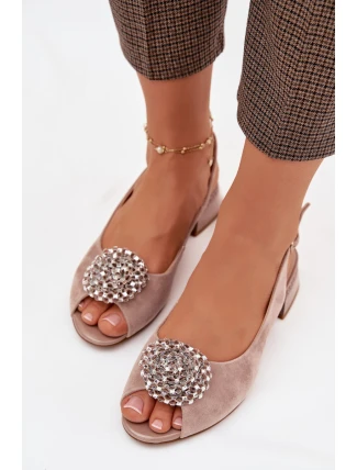 Kožené dámské sandály na podpatku s ozdobou D&A CR61-3030 béžové