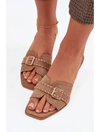 Dámské sandály na podpatku s páskem a zlatým sponou tmavě béžové Jelira