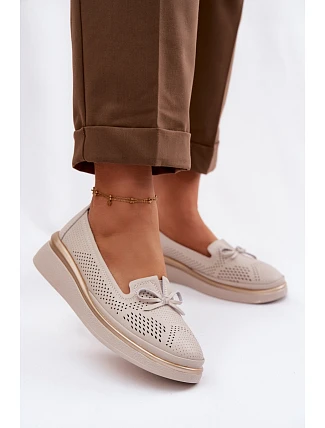 Kožené perforované polobotky na platformě LR61-7043 Béžové