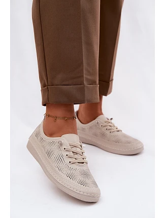 Kožené Ažurové Dámské Polobotky LR61-7083 Béžové Kožené Ažurové Dámské Polobotky LR61-7083 Béžové