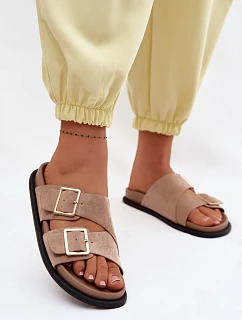 Dámské pantofle z imitace semiše s zlatými přezkami tmavě béžové Selissea