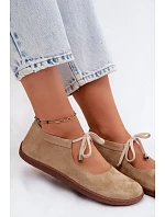 Kožené Semišové Baleríny Barefoot na Šněrování Zazoo 021 Béžové