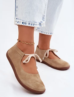 Kožené Semišové Baleríny Barefoot na Šněrování Zazoo 021 Béžové