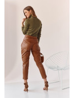 Módní hnědé kalhoty z umělé kůže pro ženy