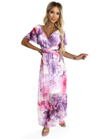 Šaty s výstřihem Numoco CINZIA - fialovo-růžové květiny