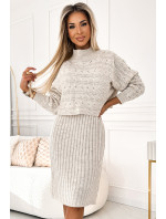 Dvoudílné svetrové šaty s rolákem Numoco - béžové